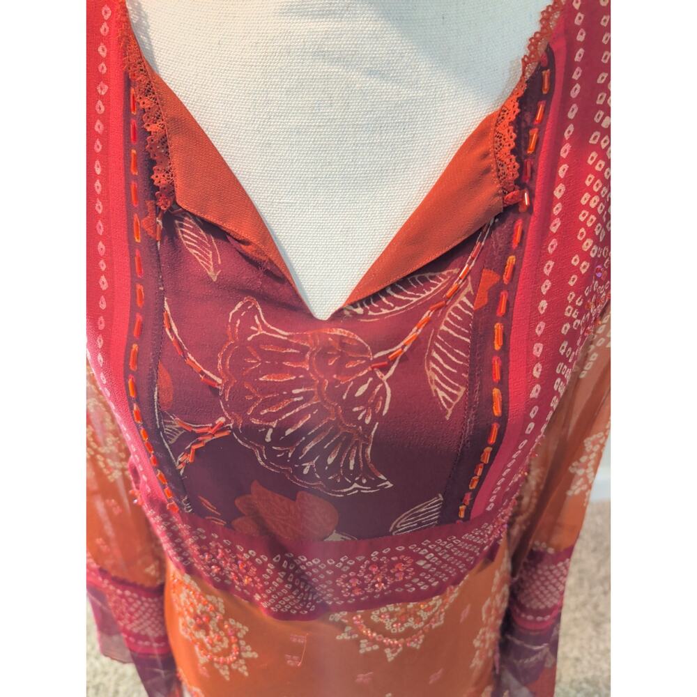 NYC Design Co. Sheer Embellished Tunic Top L Silk Blend Maroon Long Sleeve China - Picture 4 of 9